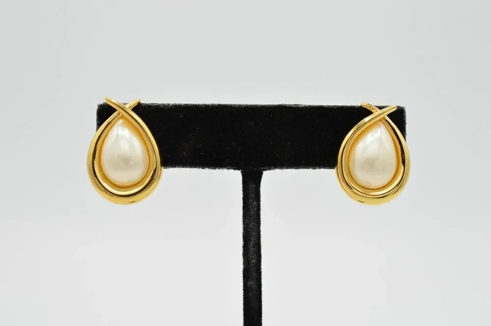 FO Vintage Earrings Clip Pearl Teardrop Gold Fernando Original Signed NOS 80s 9L